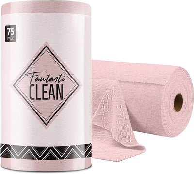 Microfiber Cleaning Cloth Roll -75 Pack, 12X12, Tear Away Towels, Reusable Washable Rags (Pink)