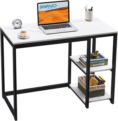 Computer Desk 40 Inches with 2-Tier Shelves Sturdy Home Office Desk with Large Storage Space Modern Gaming Desk Study Writing Laptop Table, Black Marbling (White Marble, 40 Inch)