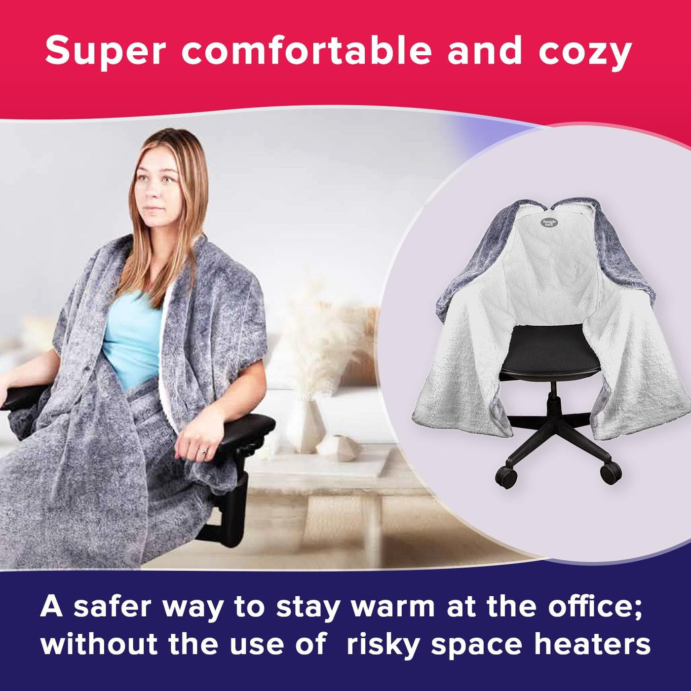 The Original Office Chair Blanket by Snuggleback; Cozy Comfy Office Desk Chair Wrap Attaches for Convenient Heat and Hands-Free. Stay Warm in the Winter or Summer. Gray Faux Fur with Sherpa Fleece