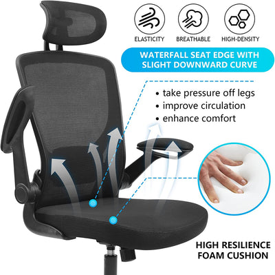 Ergonomic Office Chair, Breathable Mesh Desk Chair with Headrest and Flip-Up Arms for Office,Gaming,Computer Lumbar Support Swivel Task Chair, Adjustable Height,Black