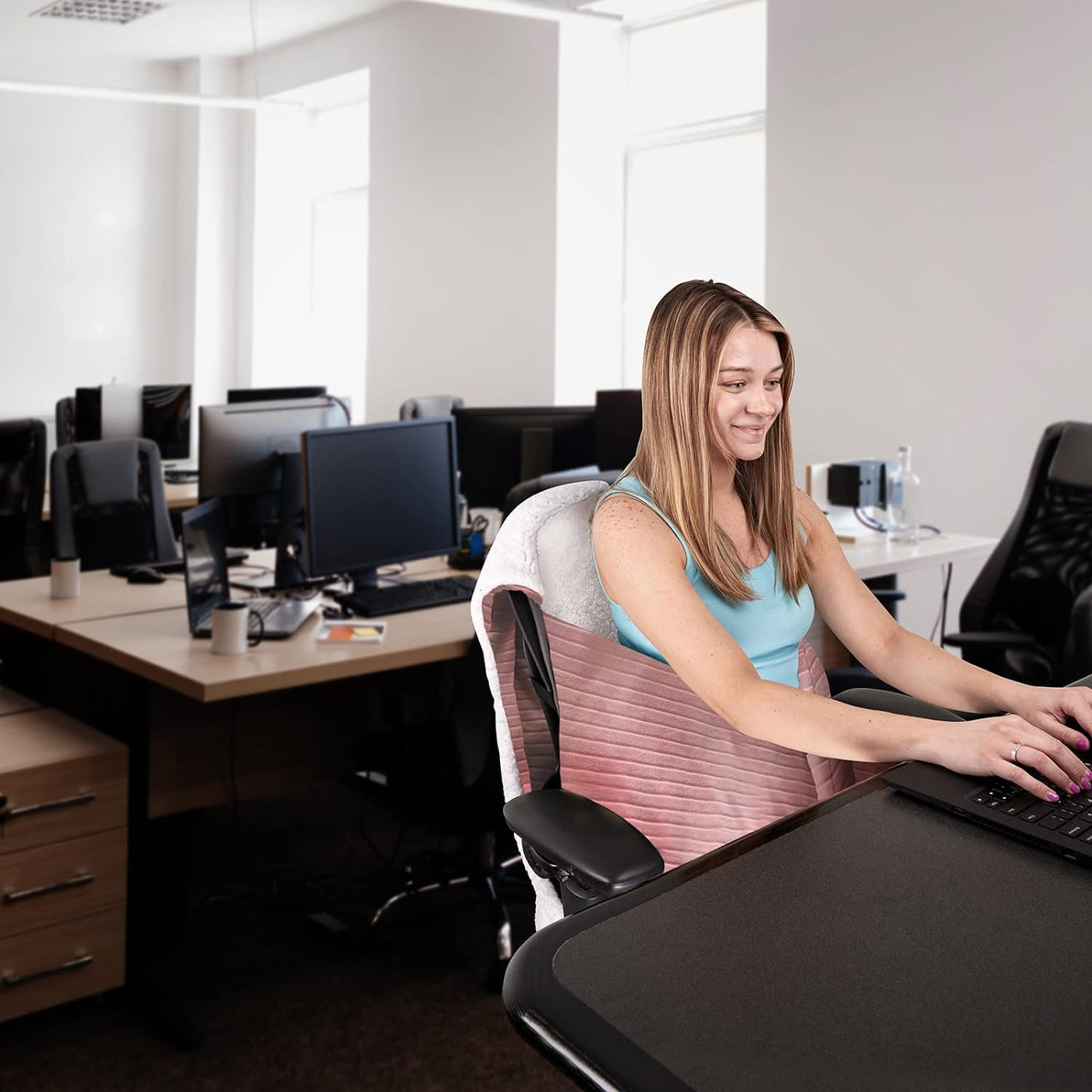 The Original Office Chair Blanket by Snuggleback; Cozy Comfy Office Desk Chair Wrap Attaches for Convenient Heat and Hands-Free. Stay Warm in the Winter or Summer. Black Faux Fur with Sherpa Fleece