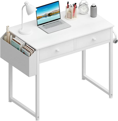 Small White Desk with Drawers - for Bedroom, 32 Inch Home Office Computer Desk with Fabric Storage Drawer and Bag, Study Writing Table for Small Spaces, White