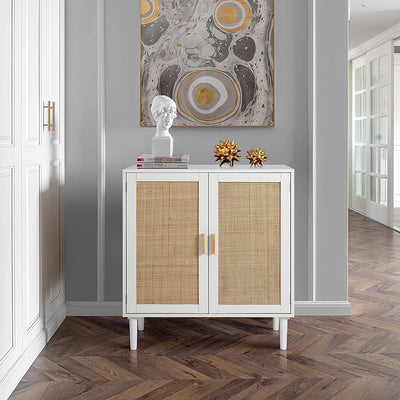 Sideboard Buffet Storage Liquor Cabinet with Rattan Decorated Doors, Kitchen, Dining Room, Hallway, Cupboard Console Table, Accent Cabinet, 31.5X 15.8X 34.6 Inches, White