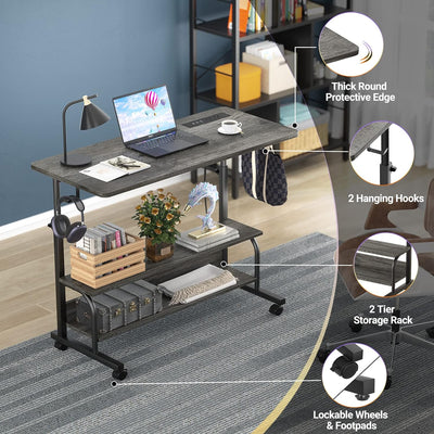 Height Adjustable Standing Desk with Power Outlets, 32" Manual Stand up Desk with Storage Shelves Small Mobile Rolling Computer Desk Portable Laptop Table with Wheels for Home Office, Grey Oak