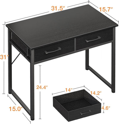 Small Desk with Fabric Drawers- for Bedroom, White Study Desk with Storage, Home Office Computer Desk for Small Spaces, 32 Inch Modern Work Writing Kids Table, Black