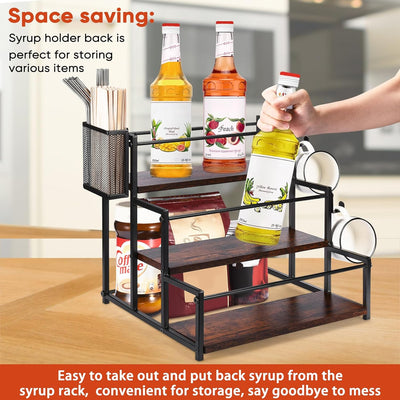 Coffee Syrup Rack Organizer, 3 Tier Syrup Bottle Holder Stand for Coffee Bar, 12 Bottles Storage Shelves with Basket and Hooks for Syrup, Wine, Dressing for Kitchen Coffee Station