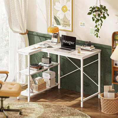 L Shaped Desk, 39 Inches Computer Desk with Reversible Storage Shelves, Gaming Desk, Corner Desk Home Office Desks, Writing Desk Study Desk with Metal Frame, White