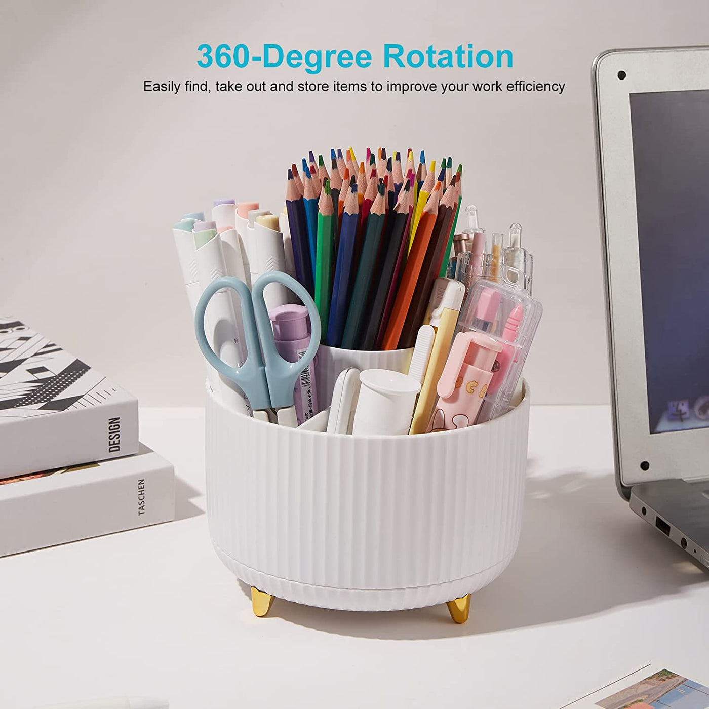 Desk Pencil Pen Holder, 5 Slots 360 Degree Rotating Desk Pen Organizers for Desk Desktop Storage Stationery Supplies Cup Pot for Office School Home Art Supply White