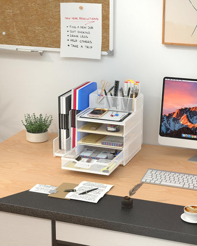 Desk Organizer with Mesh File Holder, 4-Tier Office Supplies Desk Accessories with Sliding Drawers & Pen Holder, Desk File Storage for Office, School, Home, White