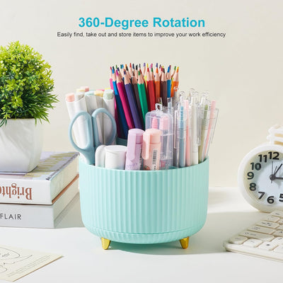 Desk Pencil Pen Holder, 5 Slots 360 Degree Rotating Pencil Pen Organizers for Desk Desktop Storage Stationery Supplies Organizer Cute Pen Cup for Office School Home Art Supply Mint Green