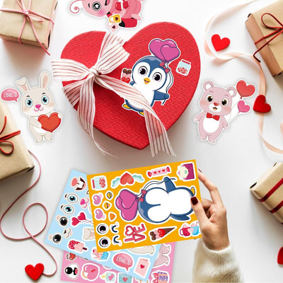 24 Sheets Valentine Stickers for Kids, Valentines Crafts Heart Love Sticker Make a Face Stickers, Make Your Own Animal Stickers Valentines Gifts for Kids Classroom Valentine Goodie Bags Party Favors