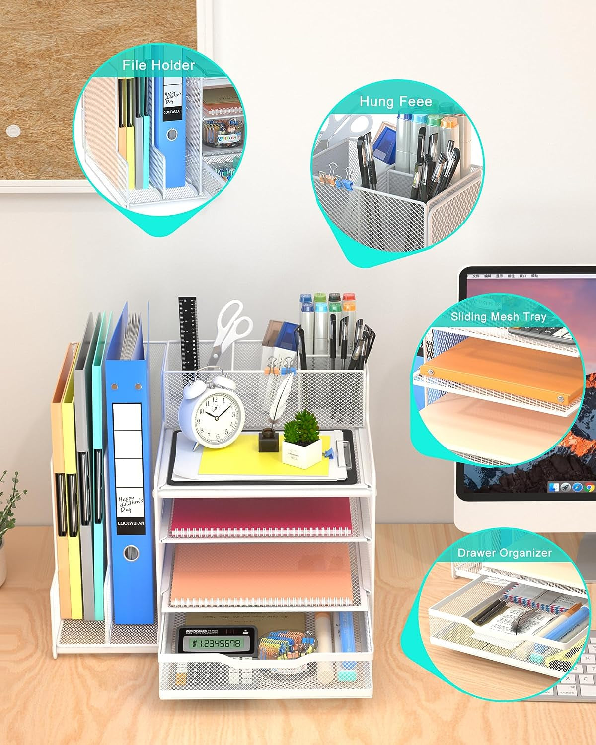 Desk Organizer with Mesh File Holder, 4-Tier Office Supplies Desk Accessories with Sliding Drawers & Pen Holder, Desk File Storage for Office, School, Home, White