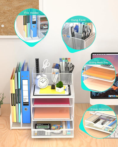 Desk Organizer with Mesh File Holder, 4-Tier Office Supplies Desk Accessories with Sliding Drawers & Pen Holder, Desk File Storage for Office, School, Home, White