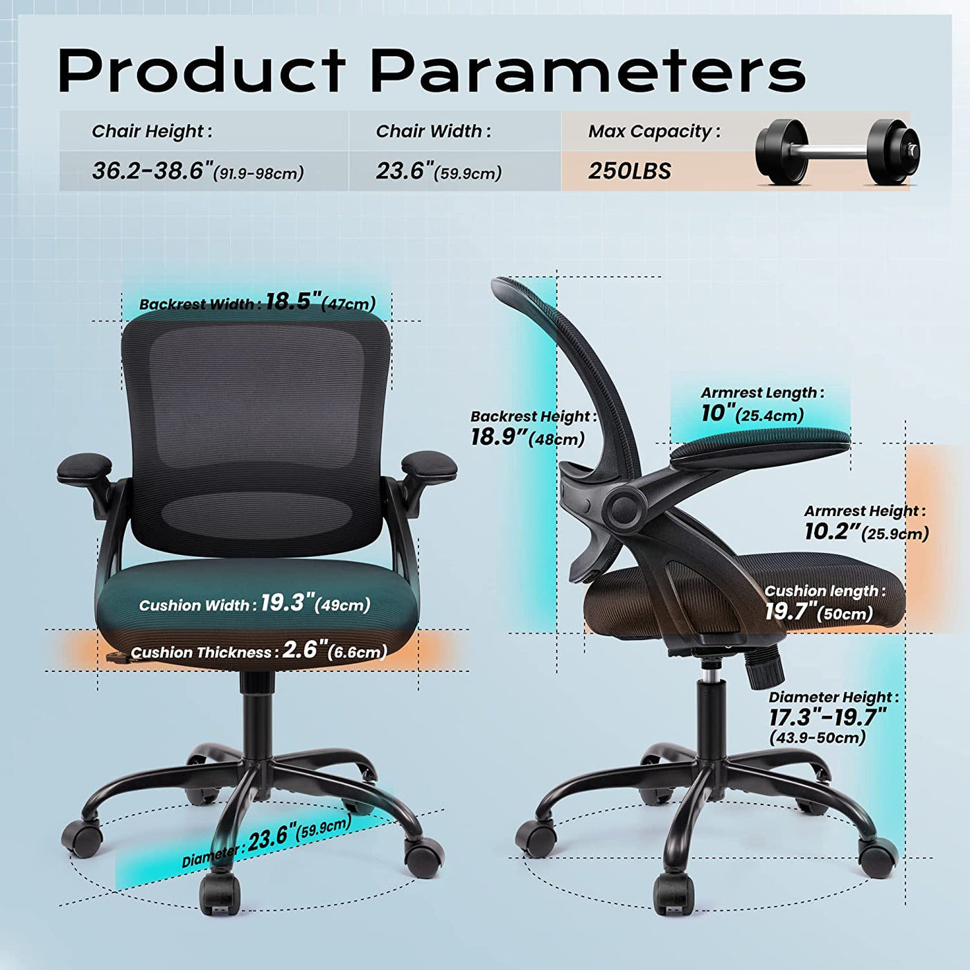 Office Chair, Ergonomic Desk Chair, Mesh Computer Chair Height Adjustable, Comfy Swivel Task Chair with Wheels and Flip-Up Arms