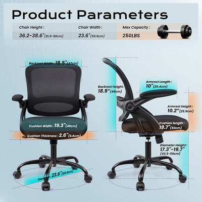 Office Chair, Ergonomic Desk Chair, Mesh Computer Chair Height Adjustable, Comfy Swivel Task Chair with Wheels and Flip-Up Arms