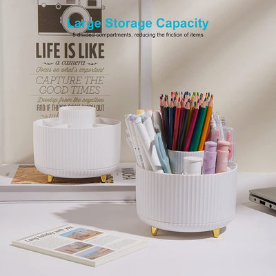 Desk Pencil Pen Holder, 5 Slots 360 Degree Rotating Desk Pen Organizers for Desk Desktop Storage Stationery Supplies Cup Pot for Office School Home Art Supply White