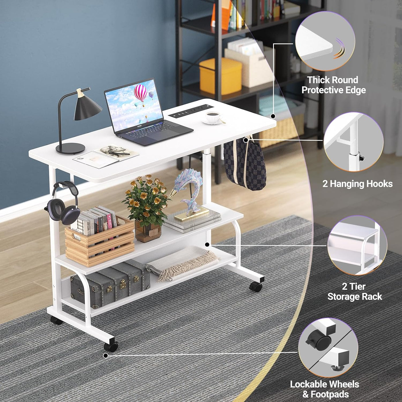 Height Adjustable Standing Desk with Power Outlets, 32" Manual Stand up Desk with Storage Shelves Small Mobile Rolling Computer Desk Portable Laptop Table with Wheels for Home Office, White