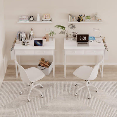 Small White Desk with Drawers - for Bedroom, 32 Inch Home Office Computer Desk with Fabric Storage Drawer and Bag, Study Writing Table for Small Spaces, White