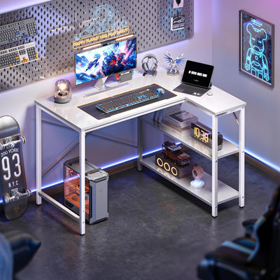 L Shaped Desk, 39 Inches Computer Desk with Reversible Storage Shelves, Gaming Desk, Corner Desk Home Office Desks, Writing Desk Study Desk with Metal Frame, White