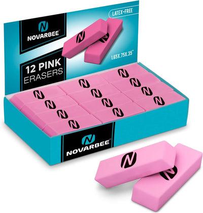 Noverbee Erasers, Pink Erasers. Erasers for Pencils 12 Pk. Erasers for Kids, Erasers Bulk for School Supplies, Art, and Office Use. Latex- Free Pencil Erasers.