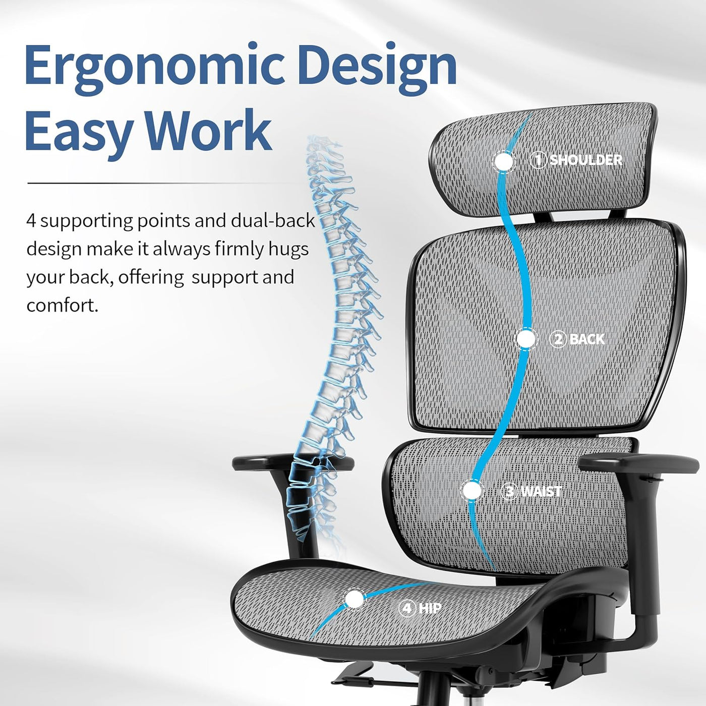 Ergonomic Office Chair, Mesh Desk Chair with Lumbar Support, Adjustable 3D Arms, Reclining, Headrest & Large Seat - Big and Tall Ergonomic Chair for Home Office Work(Grey)