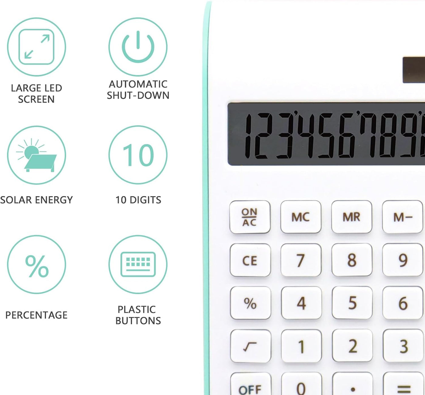 Teal Calculator,  Green Office Supplies and Accessories, 10 Digits Solar Battery Basic Office Calculator, Dual Power Desktop Calculator with Large LCD Display, Teal Office Supplies