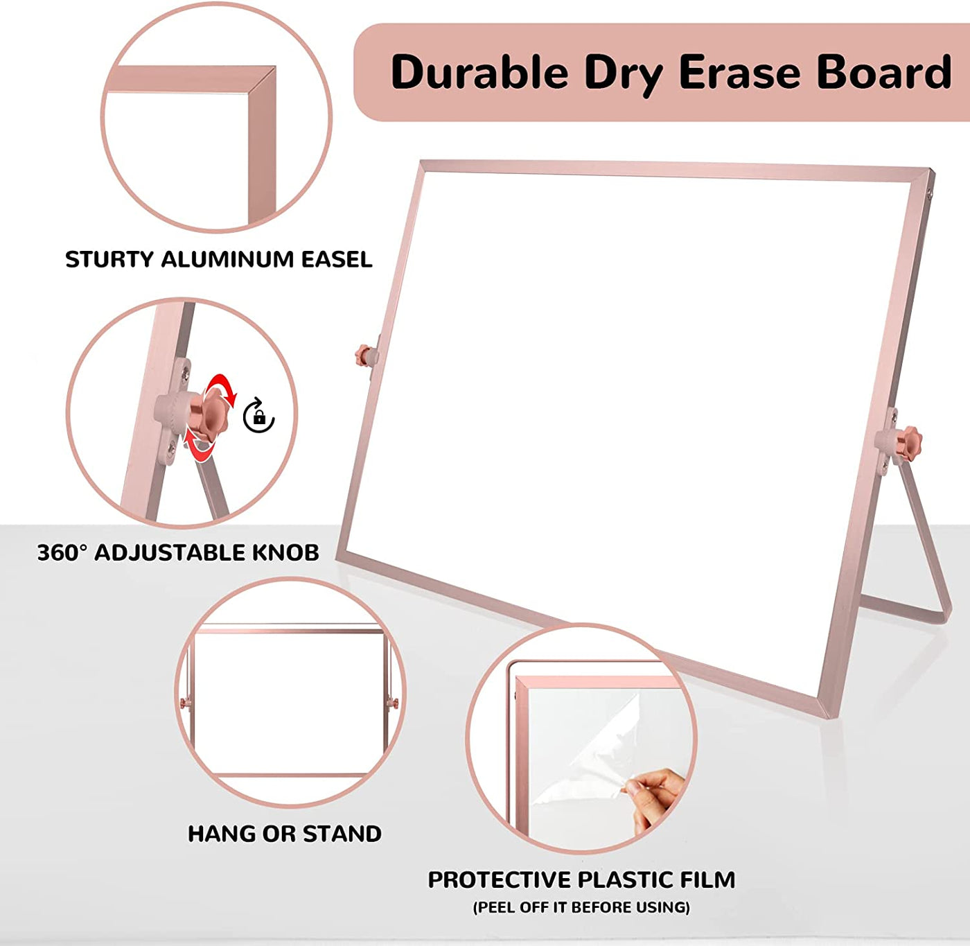 16 X 12 Inches Dry Erase Whiteboard, Rose Gold Magnetic Desktop Double-Sided White Board with Stand, 10 Markers, 1 Eraser, 4 Magnets, Portable Whiteboard Easel for School Office Home