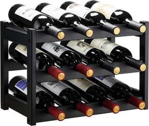 Bamboo Wine Rack, Sturdy and Durable Wine Storage Cabinet Shelf, Wine Racks Countertop for Pantry,Kitchen,3-Tier 12 Bottles Wine Rack Black