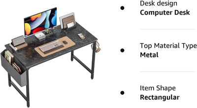 Computer Desk 47 Inch Study Writing Table for Home Office, Modern Simple Style PC Table with Storage Bag, Black Marble