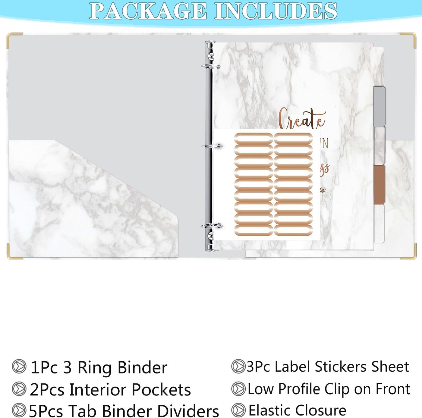 3 Ring Binder 1 Inch, Cute Binder with 5 Tab Dividers, 3 File Folder Labels, and Clipboard Binders with 2 Pockets- Decorative 3 Ring Binder Perfect for School and Office Supplies