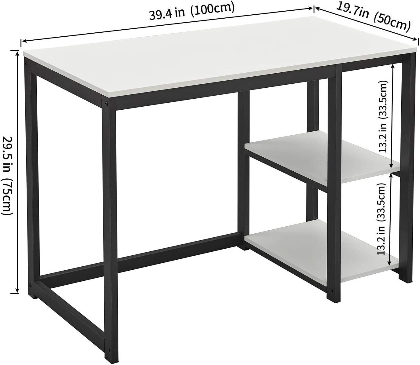 Computer Desk 40 Inches with 2-Tier Shelves Sturdy Home Office Desk with Large Storage Space Modern Gaming Desk Study Writing Laptop Table, White Desk