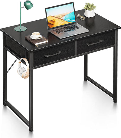 Small Desk with Fabric Drawers- for Bedroom, White Study Desk with Storage, Home Office Computer Desk for Small Spaces, 32 Inch Modern Work Writing Kids Table, Black