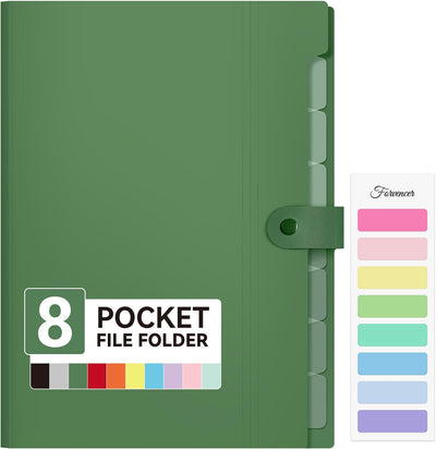 8 Pocket Folder, Letter Size Accordion File Organizer, Portable Expanding File Folder, Cute Folders for Documents, Sturdy Paper Organizer for School Office Supplies, Dark Green