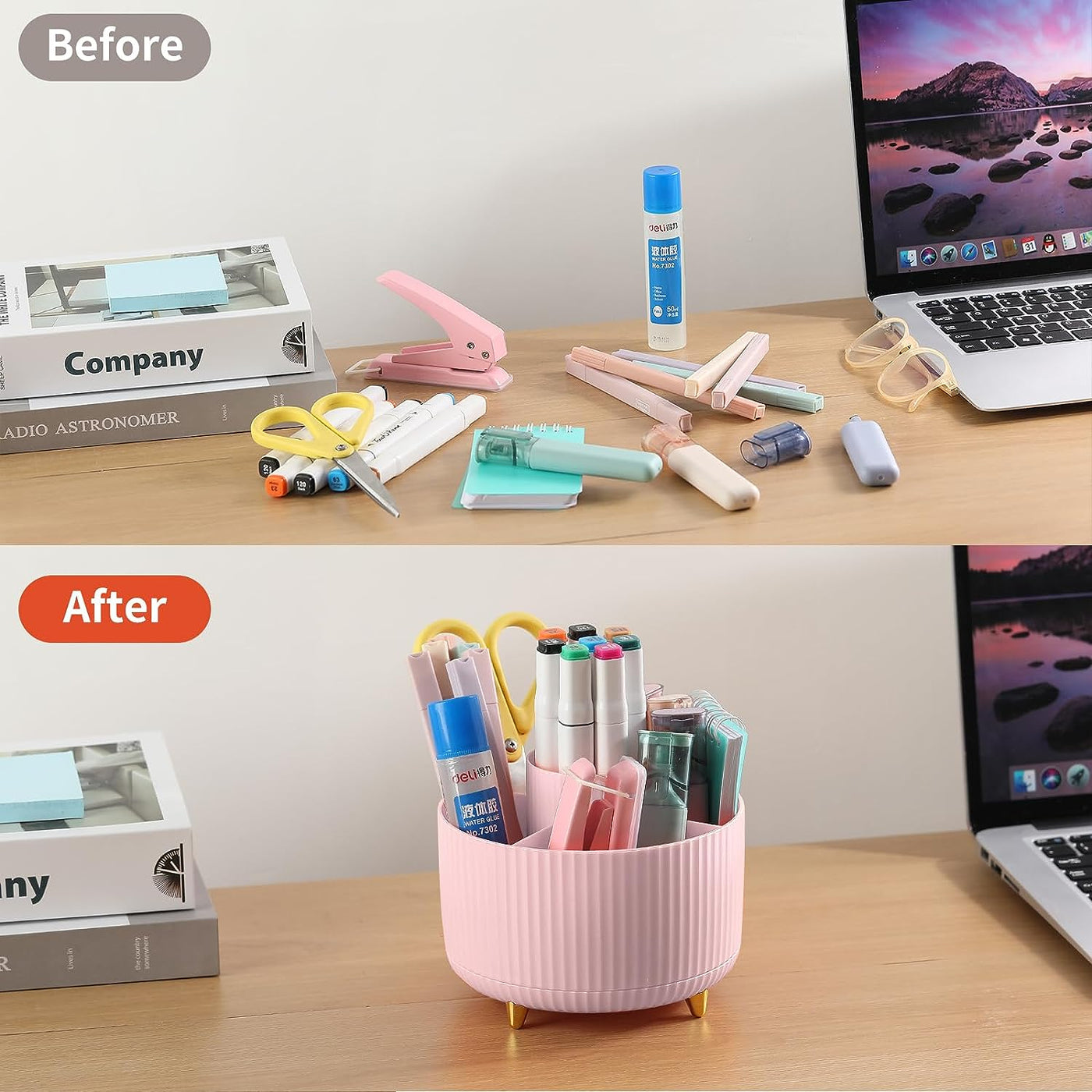 Desk Pencil Pen Holder, 5 Slots 360°Degree Rotating Pencil Pen Organizers for Desk, Desktop Storage Stationery Supplies Organizer, Cute Pencil Cup Pot for Office, School, Home, Art Supply, Pink