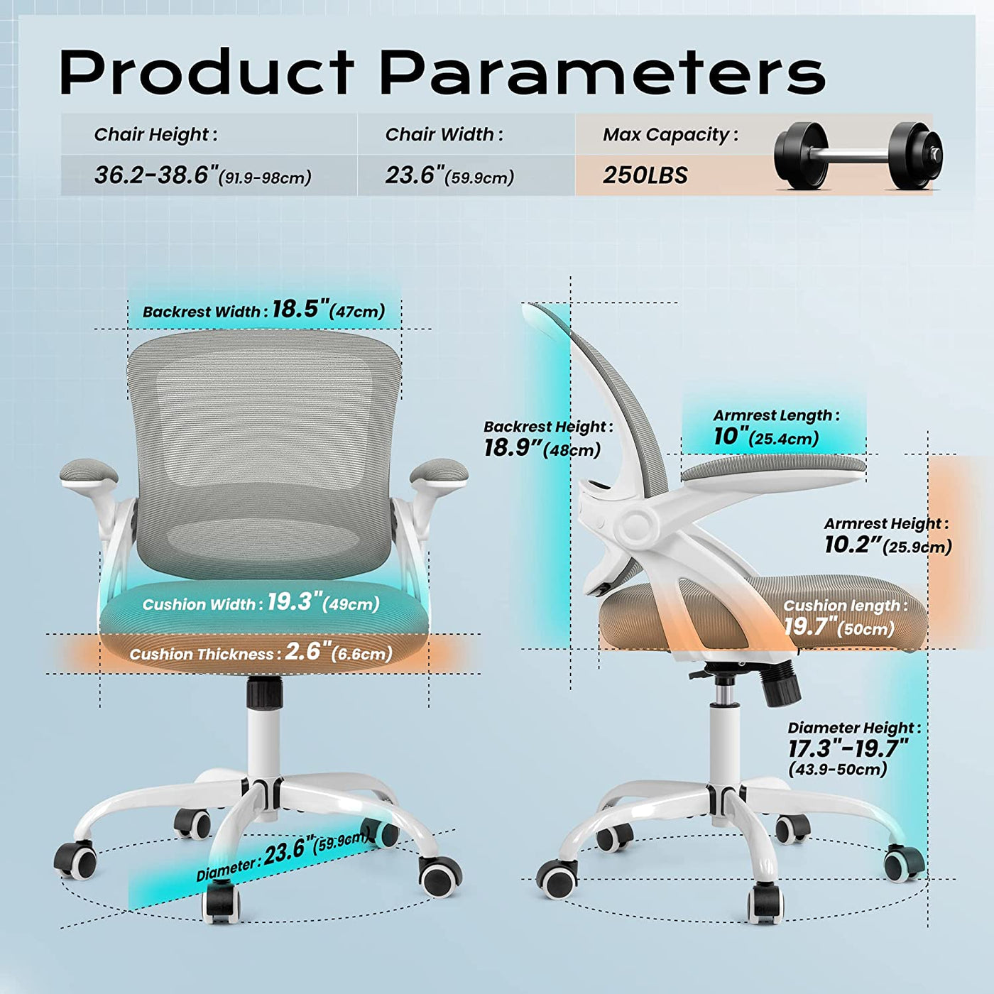 Office Chair, Ergonomic Desk Chair, Mesh Computer Chair Height Adjustable, Comfy Swivel Task Chair with Wheels and Flip-Up Arms