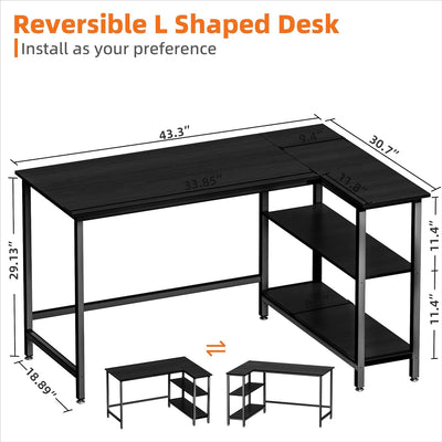 L Shaped Computer Desk - Home Office Desk with Shelf, Gaming Desk Corner Table for Work, Writing and Study, Space-Saving, Black