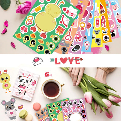 24 Sheets Valentine Stickers for Kids, Valentines Crafts Heart Love Sticker Make a Face Stickers, Make Your Own Animal Stickers Valentines Gifts for Kids Classroom Valentine Goodie Bags Party Favors