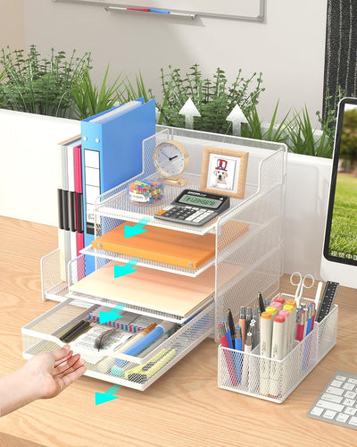 Desk Organizer with Mesh File Holder, 4-Tier Office Supplies Desk Accessories with Sliding Drawers & Pen Holder, Desk File Storage for Office, School, Home, White