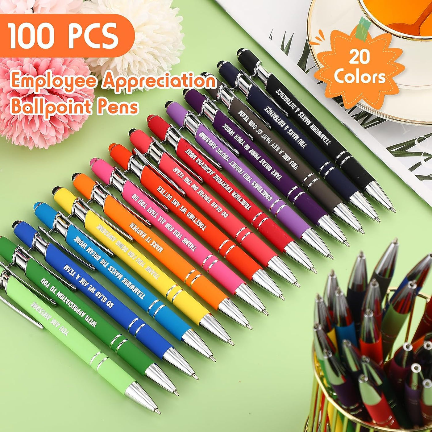 100 Pack Stylus Tip Ballpoint Pen Inspirational Quotes Pen Rubberized Ballpoint Pen Screen Touch 1.0 Mm Black Ink Pen for Home Office School Supplies (Colorful, Employee Appreciation)