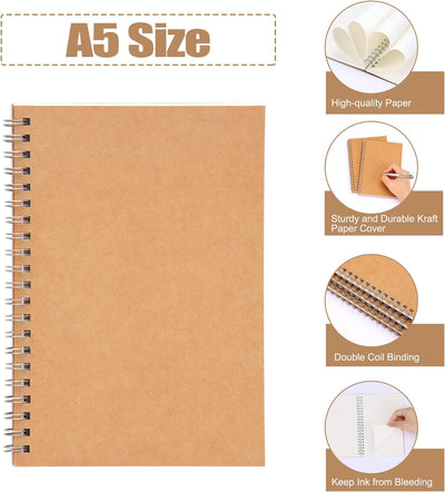 6 Pack Spiral Notebook Blank Notebook Bulk, 7.48 X 5.11 Inch Soft Kraft Cover Journal Sketchbook, 100 Pages/ 50 Sheets for Students Office Business