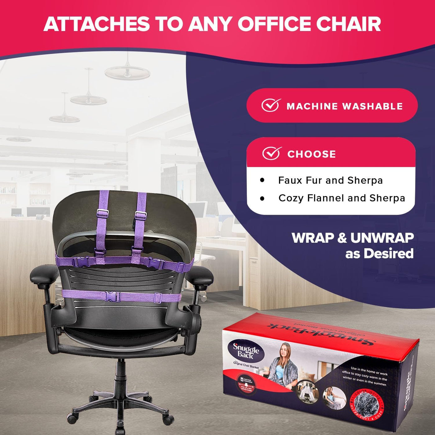 The Original Office Chair Blanket by Snuggleback; Cozy Comfy Office Desk Chair Wrap Attaches for Convenient Heat and Hands-Free. Stay Warm in the Winter or Summer. Gray Faux Fur with Sherpa Fleece