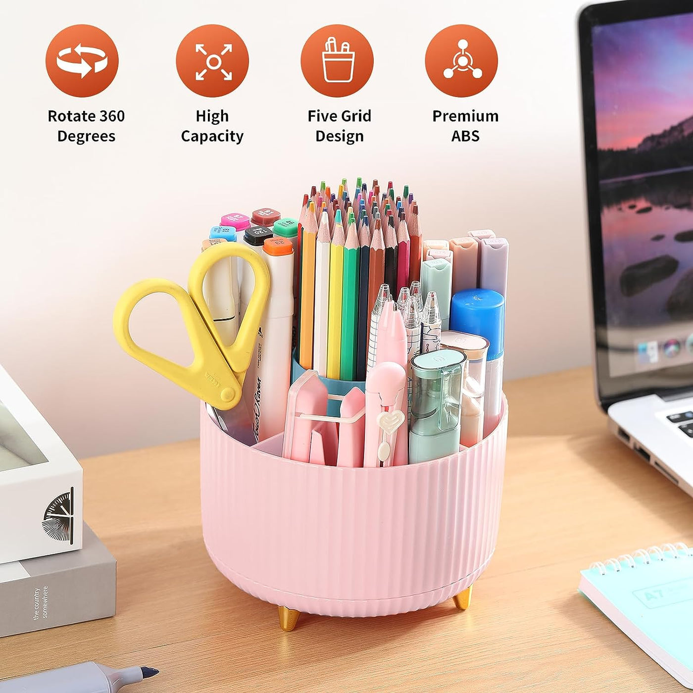 Desk Pencil Pen Holder, 5 Slots 360°Degree Rotating Pencil Pen Organizers for Desk, Desktop Storage Stationery Supplies Organizer, Cute Pencil Cup Pot for Office, School, Home, Art Supply, Pink