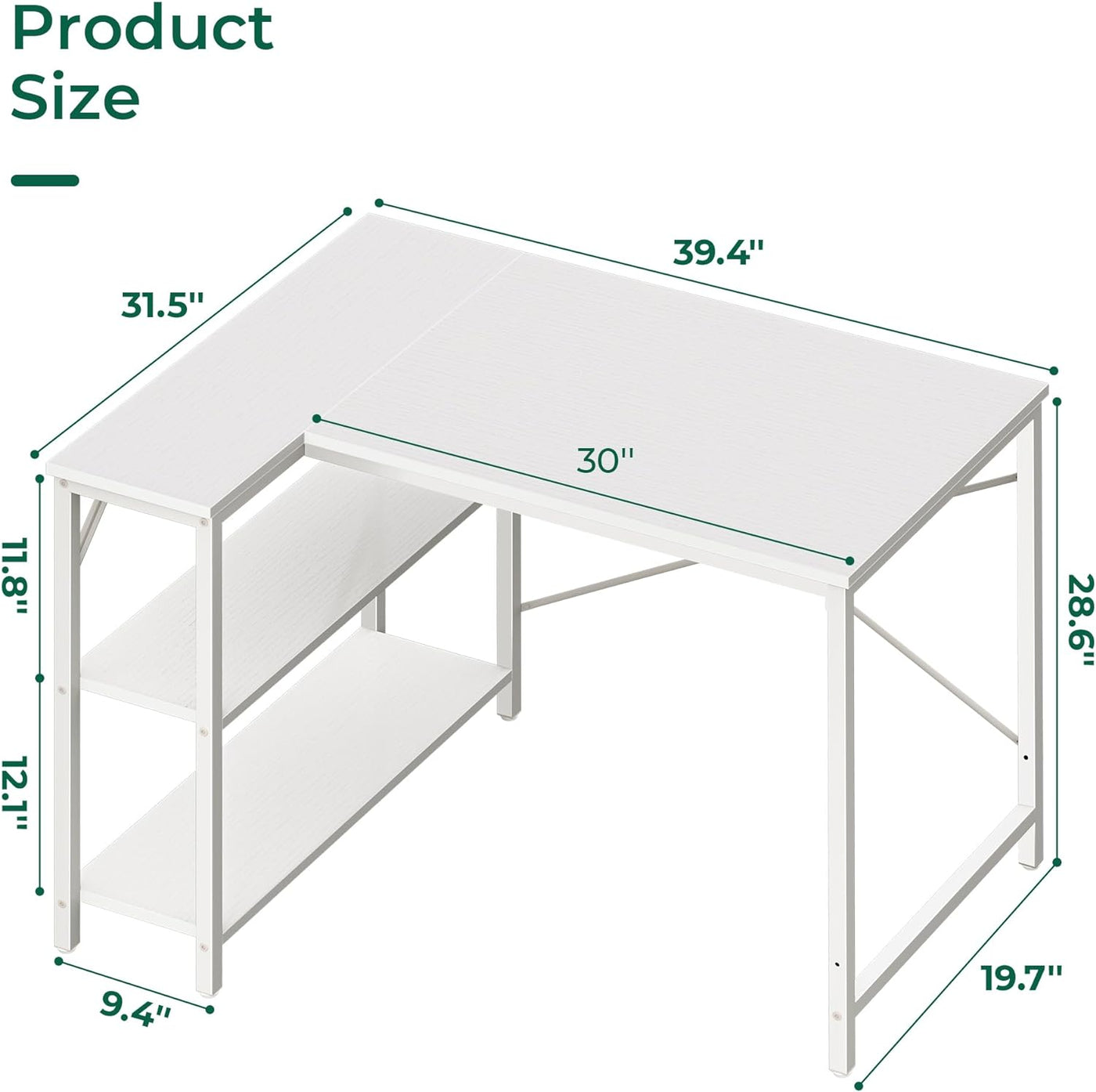 L Shaped Desk, 39 Inches Computer Desk with Reversible Storage Shelves, Gaming Desk, Corner Desk Home Office Desks, Writing Desk Study Desk with Metal Frame, White
