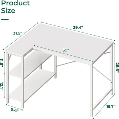 L Shaped Desk, 39 Inches Computer Desk with Reversible Storage Shelves, Gaming Desk, Corner Desk Home Office Desks, Writing Desk Study Desk with Metal Frame, White