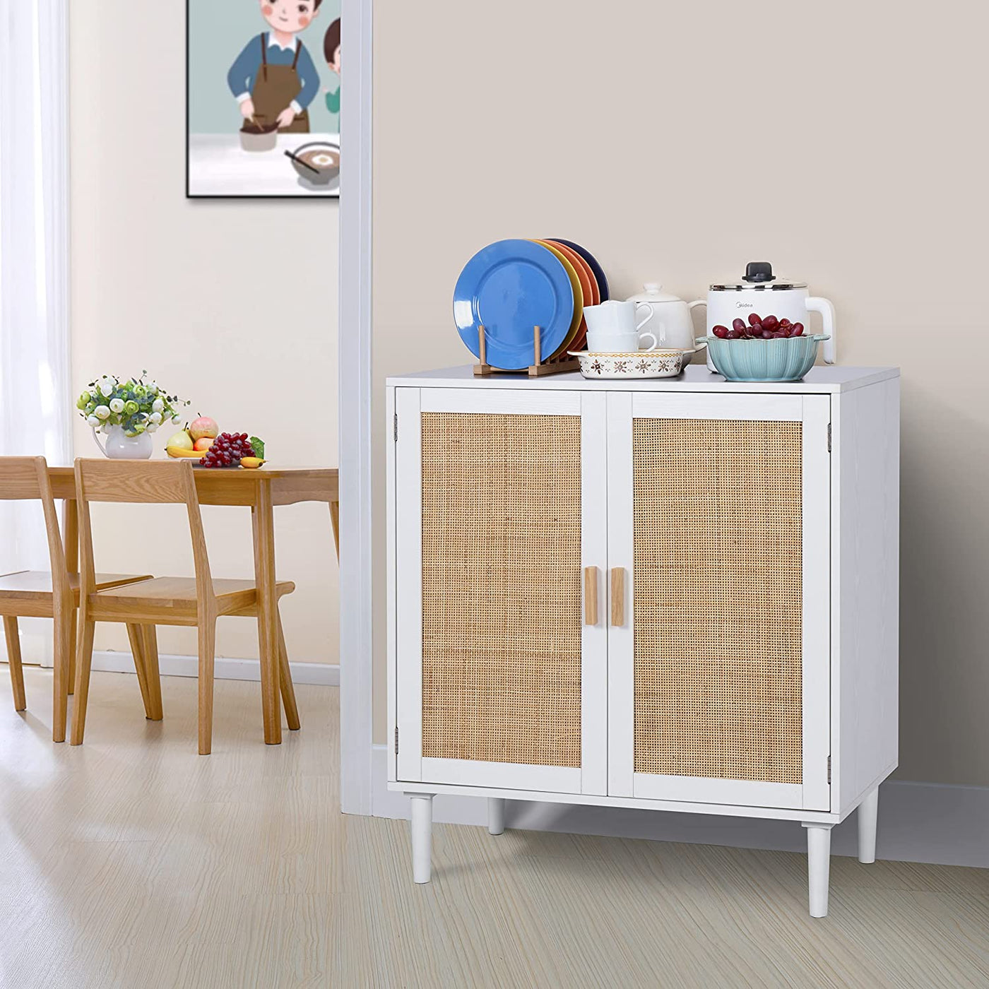 Sideboard Buffet Storage Liquor Cabinet with Rattan Decorated Doors, Kitchen, Dining Room, Hallway, Cupboard Console Table, Accent Cabinet, 31.5X 15.8X 34.6 Inches, White