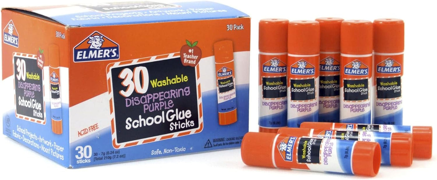 Disappearing Purple School Glue Sticks, Washable, 7 Grams, 30 Count