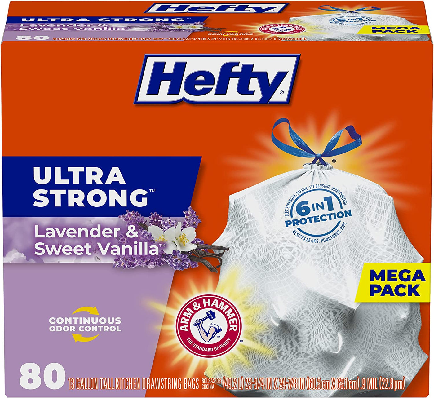 Ultra Strong Tall Kitchen Trash Bags, Lavender & Sweet Vanilla Scent, 13 Gallon, 80 Count