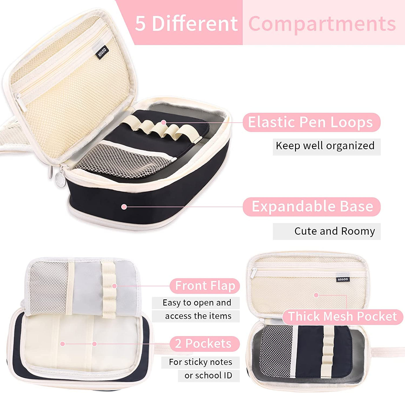 Large Capacity Pencil Pen Case Portable Pencil Pouch Bag Expandable School Supplies for Adults Girls Boys, Black