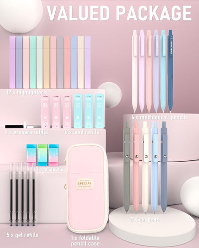 39 PCS Aesthetic School Supplies with Cute Pen Case, 12 Pastel Highlighters, 5 Black Ink Gel Pens, 6 Mechanical Pencils Set 0.5 & 0.7 Mm for Students Stationary College Essentials (Pink)