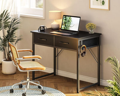 Small Desk with Fabric Drawers- for Bedroom, White Study Desk with Storage, Home Office Computer Desk for Small Spaces, 32 Inch Modern Work Writing Kids Table, Black